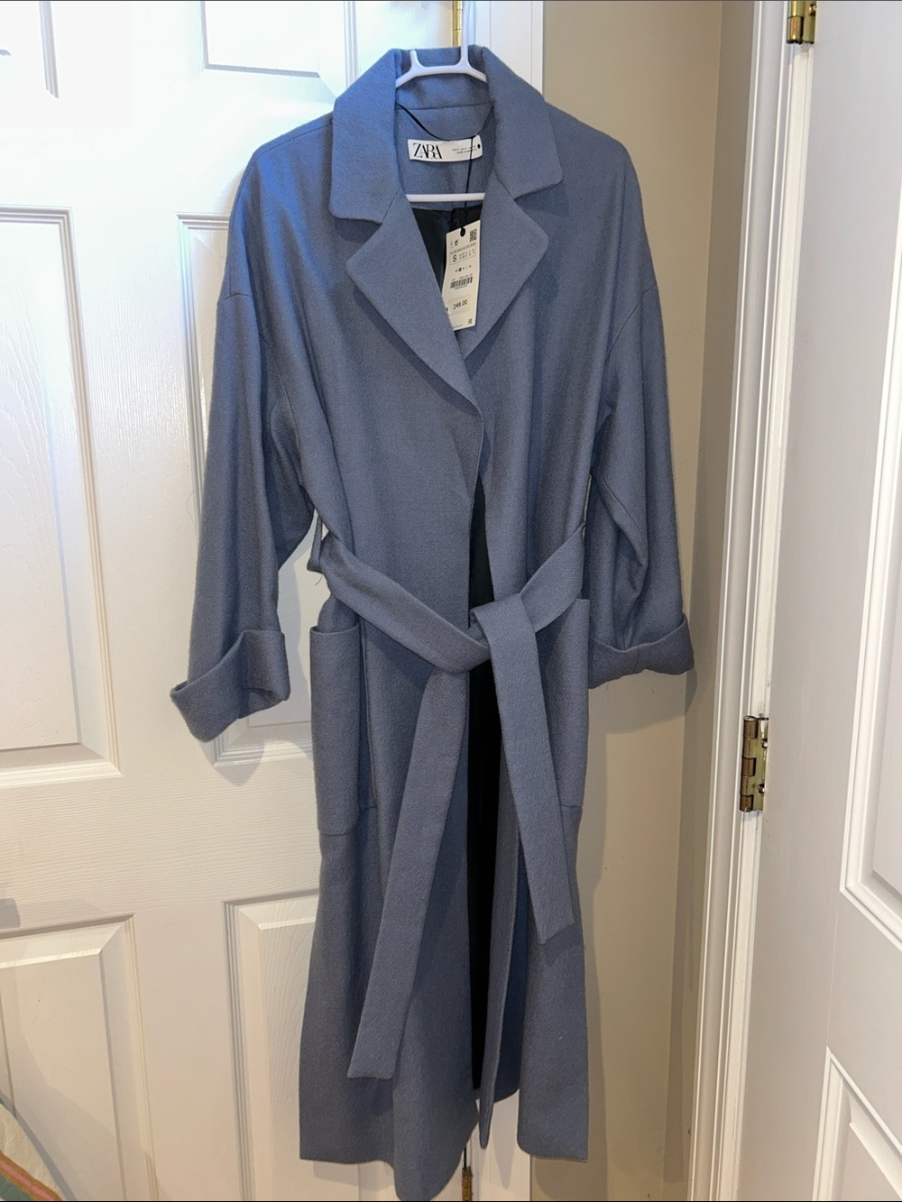 Zara Dusty Blue Long Belted Robe Wool Coat Size S NWT